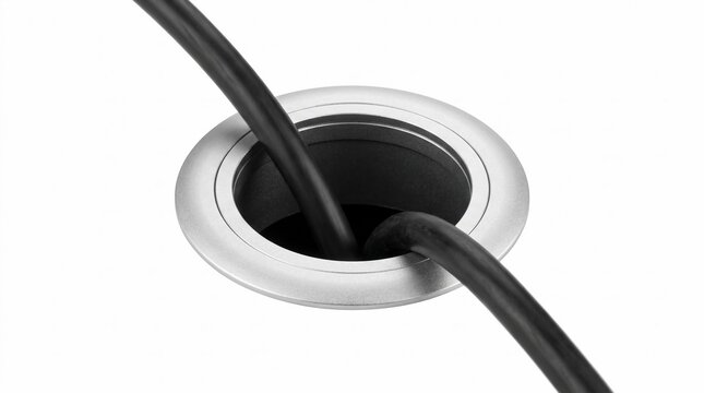 Close-up of black power cables passing through a circular silver metallic desk grommet for cable management and wire organization, isolated on a white background for office and tech concepts.