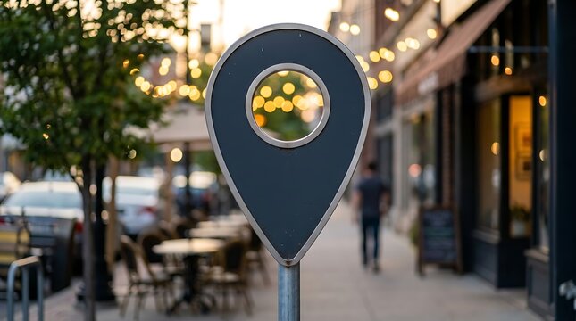 Street scene with prominent location marker in foreground, restaurants with outdoor seating and lights in background on city street.