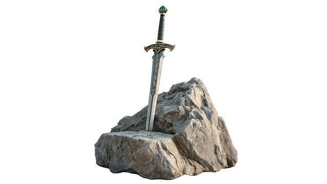 Ancient sword stuck in stone isolated on transparent background for fantasy themes