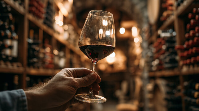 Hand holding a wine glass of red wine in a cozy wine cellar during an intimate tasting experience