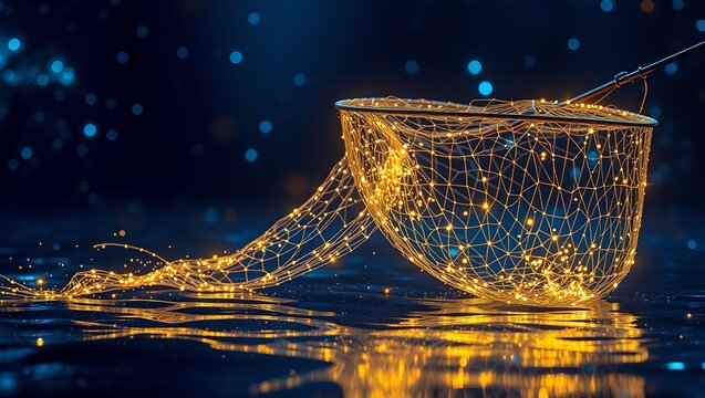 Glowing Digital Fishing Net Collecting Binary Code and Big Data Streams Futuristic Cybernetic Ocean Concept for Data Mining and AI Technology