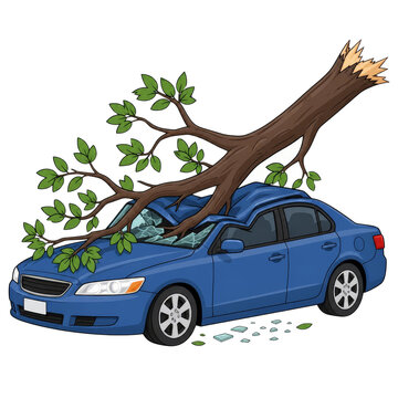 Blue Car Crushed by Fallen Tree Branch Illustration - Car Accident and Insurance Concept Vector
