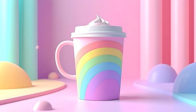 A colorful rainbow mug with whipped cream in a dreamy pastel aesthetic setting.
