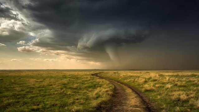 Dramatic tornado touching down over a vast open prairie landscape at sunset.