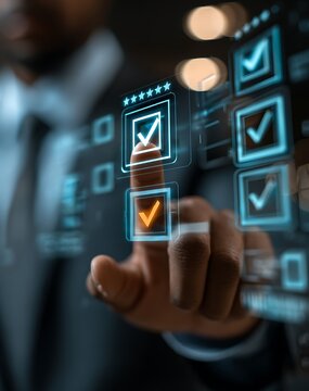 Digital checklist with approval checkmarks and star rating icons