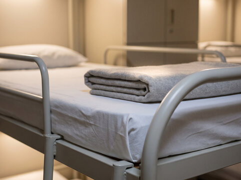 Empty fire station bunk room with orderly aligned bunk beds detail close-up macro composition