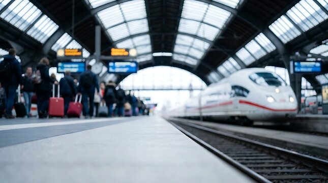 Commuters waiting on railway platform at busy station with high speed train arriving in blurred motion while passengers prepare to board travel journeys across urban public infrastructure.