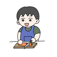 Cute child cutting carrot in the kitchen
