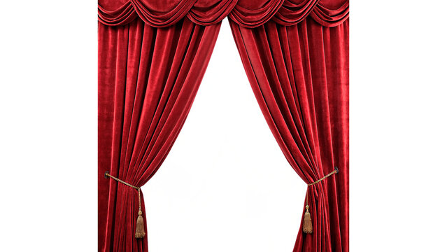 Luxury red velvet theater curtains isolated on transparent background for stage design