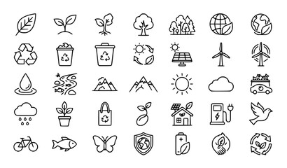 Fototapeta premium Premium eco ecology, environment, green energy and nature line icons set