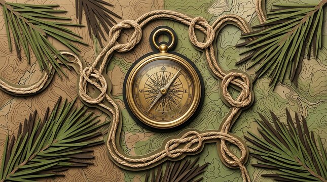 Brass compass with rope and pine needles on a vintage topographic map