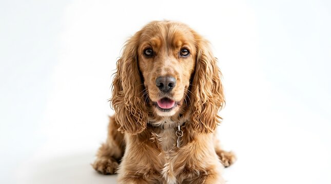 Charming golden Cocker Spaniel dog posing for a delightful studio portrait on a crisp white backdrop, showcasing its friendly and attentive personality