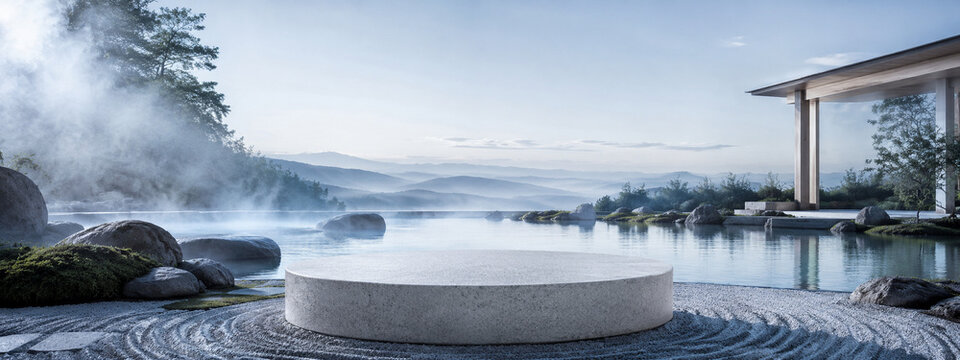 Zen water and stone product stage background with reflective central display zone