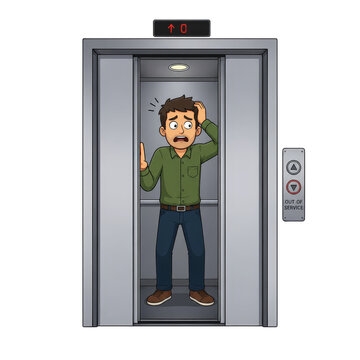 Panicked Man Trapped in Broken Elevator Illustration on Transparent Background