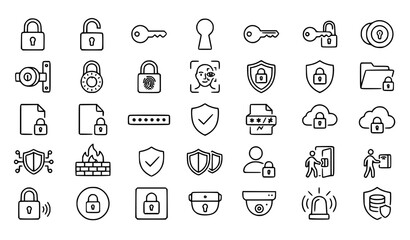 Fototapeta premium Premium security, cybersecurity, protection and privacy line icons set