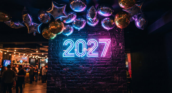 &nbsp;A trendy, vibrant photograph of a glowing neon sign displaying the year "2027" mounted on a dark brick accent wall. Shiny silver and gold metallic balloons float near the ceiling, reflecting the colo