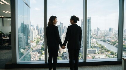 Fototapeta premium Two women standing front large window Confident female colleagues dressed in formal wear talking about business