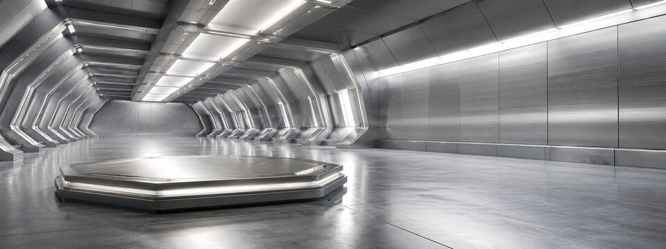 Space age metallic hangar background with offset podium with left copy space