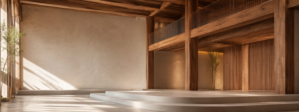 Sustainable timber showroom background with reflective central display zone