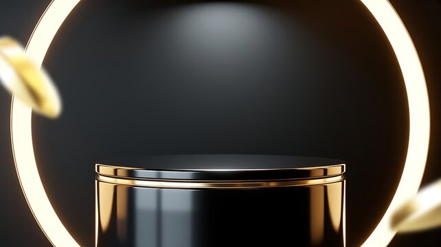Empty black product display podium with glowing circular light background frame