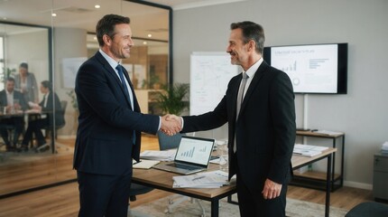 Fototapeta premium Two men shaking hands office setting Cropped image of male's in sign making