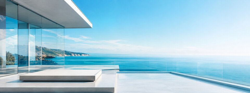 Coastal glass pavilion product background with reflective central display zone