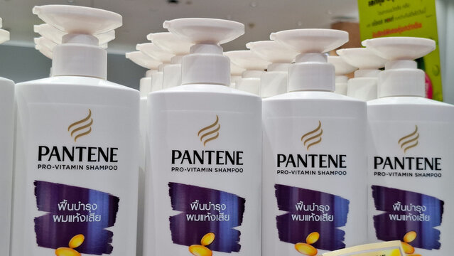 pantene pro vitamin shampoo pump bottles row displayed on retail store shelf for daily hair care and damage repair treatment product on July 20, 2026 in Bagnkok, Thailand 