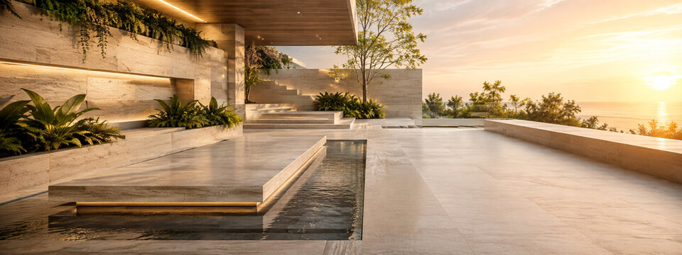 Biophilic modern architecture terrace background with offset podium with left copy space