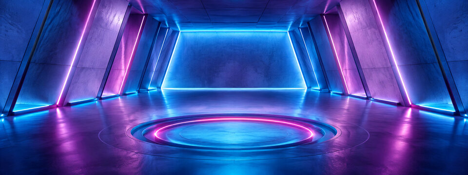 Neon cyberpunk technology tunnel background with premium panoramic overview