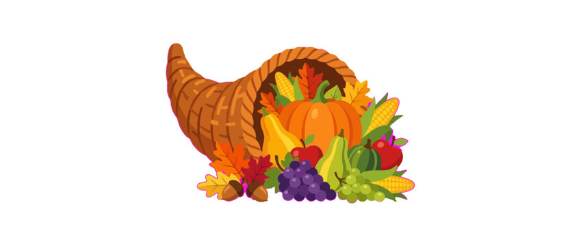 Cornucopia overflowing with autumn harvest and fall leaves