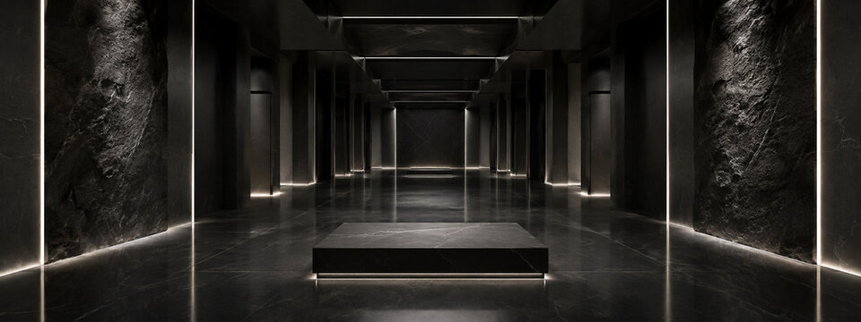 Luxury dark stone product stage background with architectural frame with right copy space