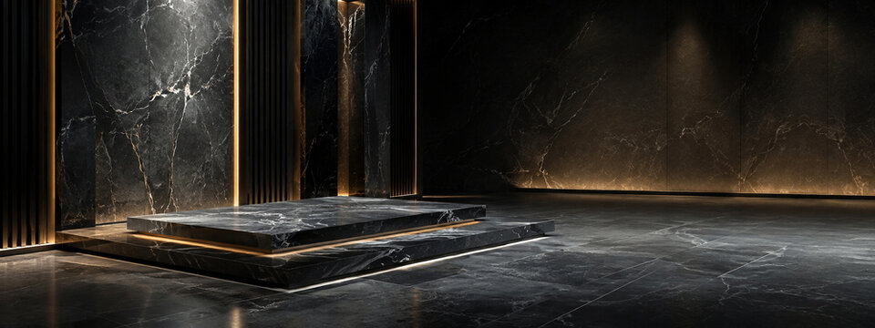 Luxury dark stone product stage background with offset podium with left copy space