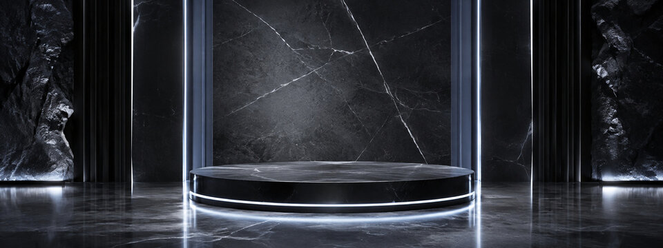 Luxury dark stone product stage background with wide symmetrical stage