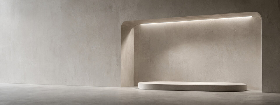 Minimal concrete gallery podium background with architectural frame with right copy space