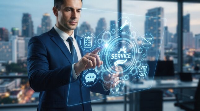 Man suit touching service icon virtual support customer help call center Business technology button