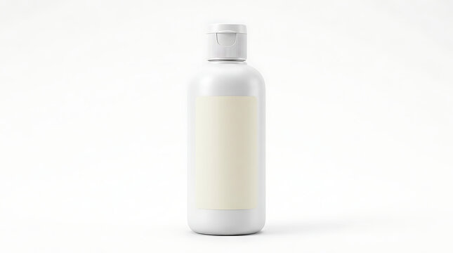 A white plastic bottle with a white flip-top cap and a rectangular cream-colored label, isolated on a bright white studio background