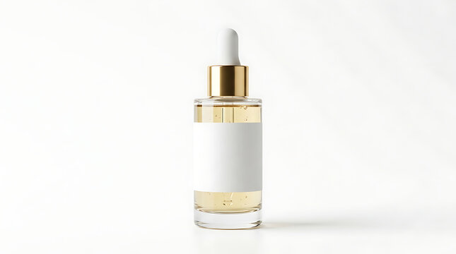 Clear glass dropper bottle with a gold dropper cap and a light yellow liquid, featuring a blank white label, isolated on a white background