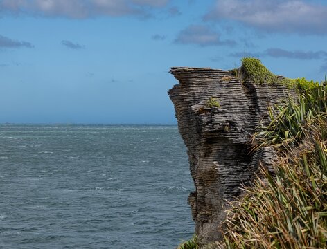 Pancake Rocks, Punakaiki, Paparoa Nationalpark, West Coast, Neuseeland, Phormium tenax. Kalksteinfelsen im Ozean mit Neuseelandflachs an der Tasmansee.