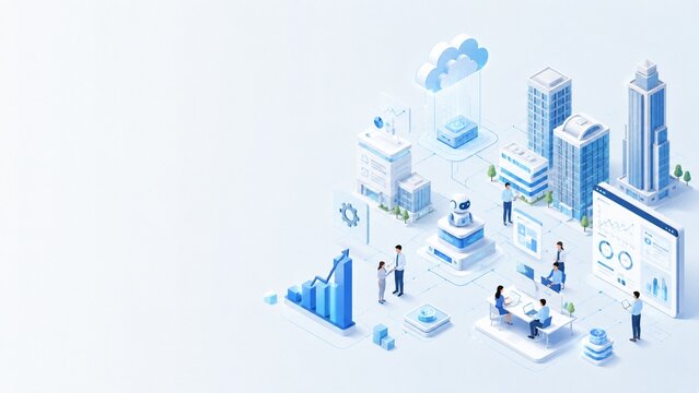 Isometric business technology background with cloud and AI eleme