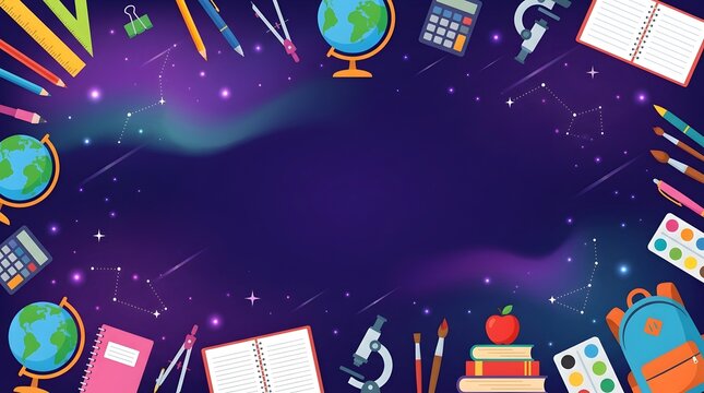 Back to school background frame with colorful educational supplies and stationery on a dark purple space theme