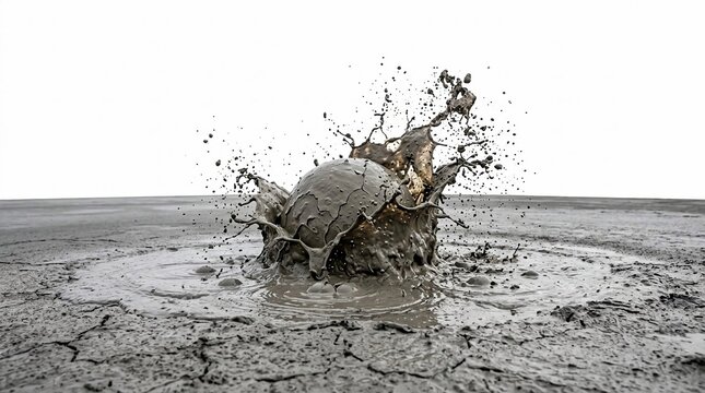 High-speed action shot of a large grey mud bubble bursting in a geothermal field, featuring detailed splashes and droplets over a dry landscape of cracked earth soil.