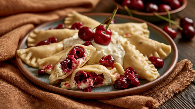 Traditional vareniki with cottage cheese and cherries, cut open to reveal juicy filling, topped with sour cream and fresh cherries, rustic plate, soft natural light, authentic East