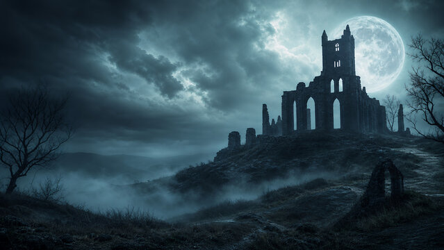 Hilltop Gothic Bell Tower Ruin Under Giant Moon