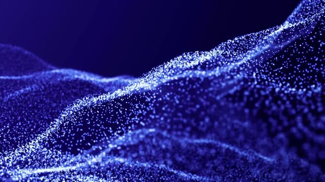 This stunning blue particle wave background animation features thousands of shimmering points of light moving dynamically to form a wave structure.