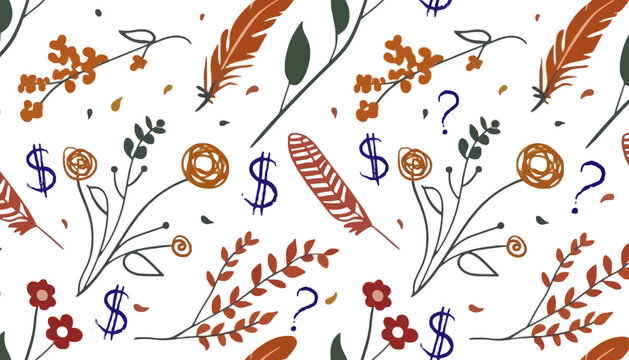 Floral bohemian seamless pattern with feathers and currency symbols