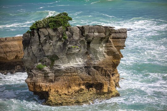 Pancake Rocks, Punakaiki, Paparoa Nationalpark, West Coast, Neuseeland, Phormium tenax. Kalksteinfelsen im Ozean mit Neuseelandflachs an der Tasmansee.