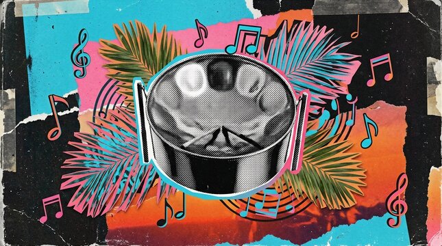 Steel pan drum with tropical palm leaves and musical notes collage