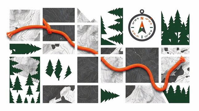 Topographic map collage with orange rope and compass for hiking adventure