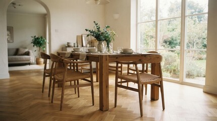 Fototapeta premium Wooden dining table chairs room large Modern Herringbone Parquet Wood Flooring in Sunlit Interior