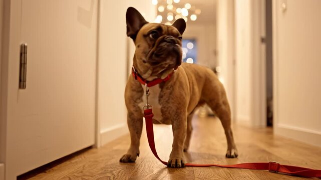 French Bulldog waiting patiently on leash in warmly lit hallway with Christmas lights in background